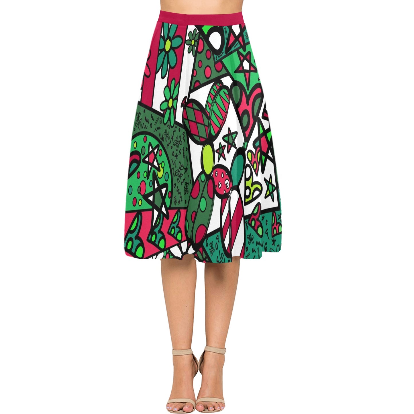Christmas Patchwork - Mid Length Pleated Skirt