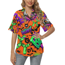 Load image into Gallery viewer, Orange Halloween design Hawaiian shirt for Balloon Twisting and Face Painting