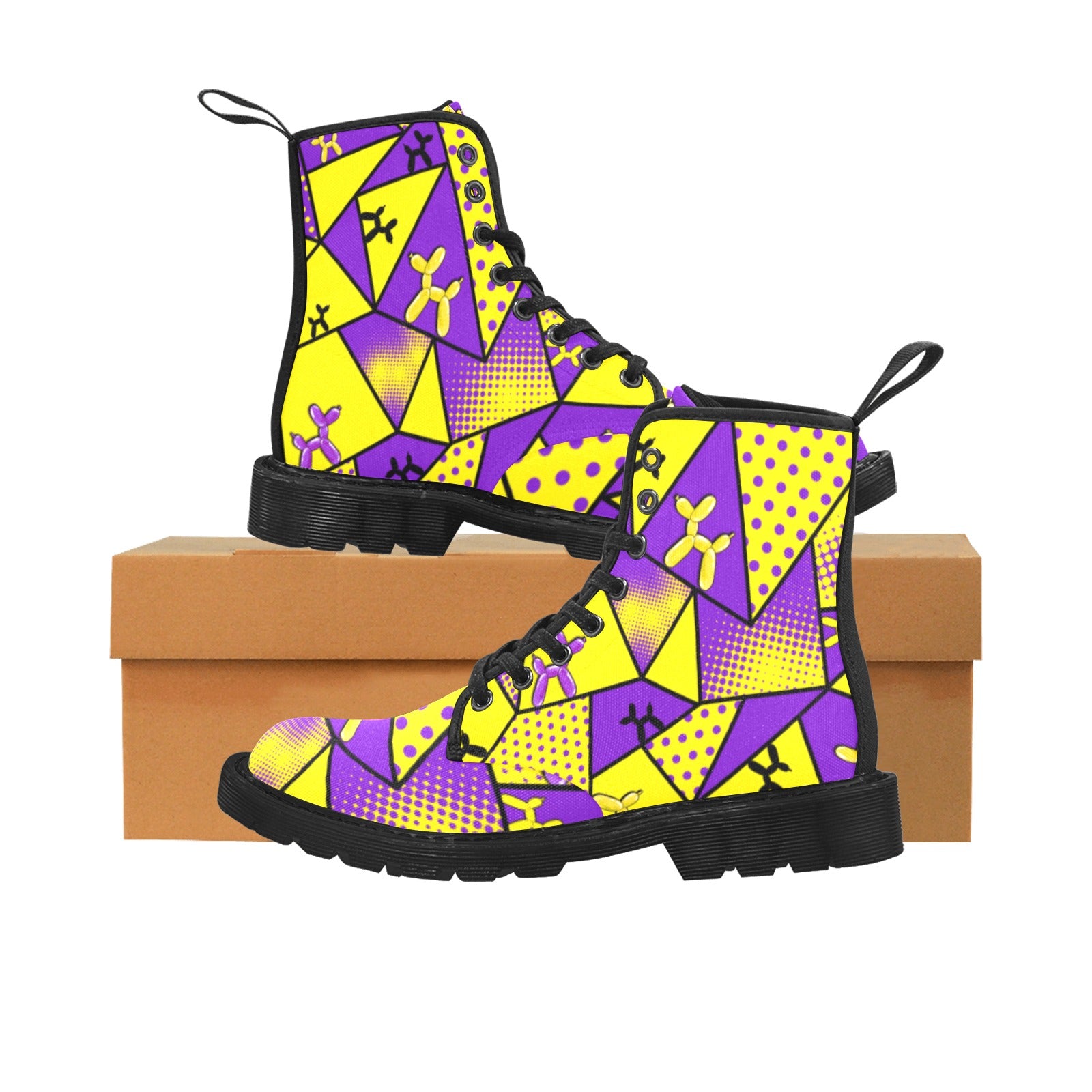 Yellow and purple combat boots for the professional entertainer