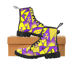 Yellow and purple combat boots for the professional entertainer