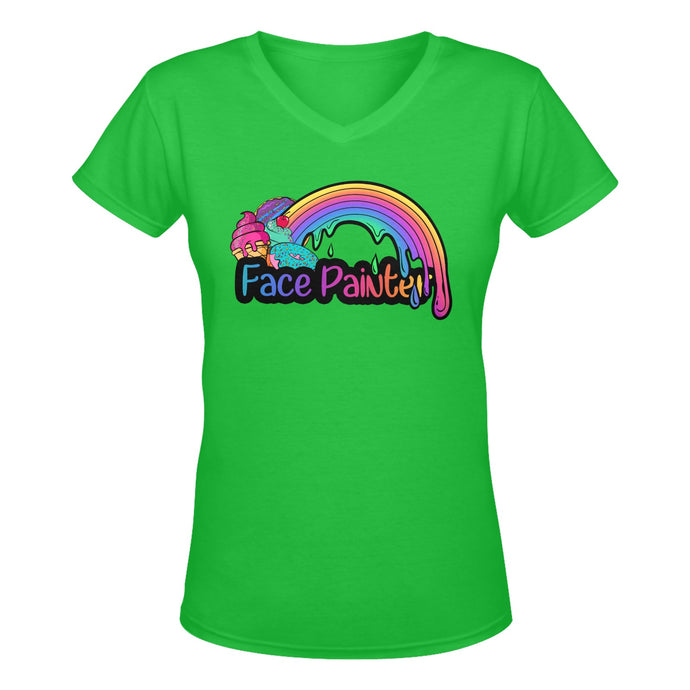 Green Face Painter V-Neck T-Shirt with Rainbow