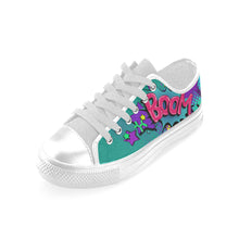 Load image into Gallery viewer, Leaky Squeaky BOOM! Teal on White - Men&#39;s Sully Canvas Shoe (SIZE 6-12)