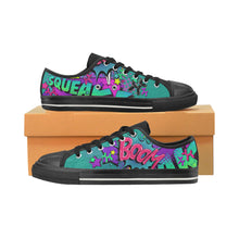 Load image into Gallery viewer, Leaky Squeaky BOOM! Teal on Black - Women&#39;s Sully Canvas Shoe (SIZE 11-12)