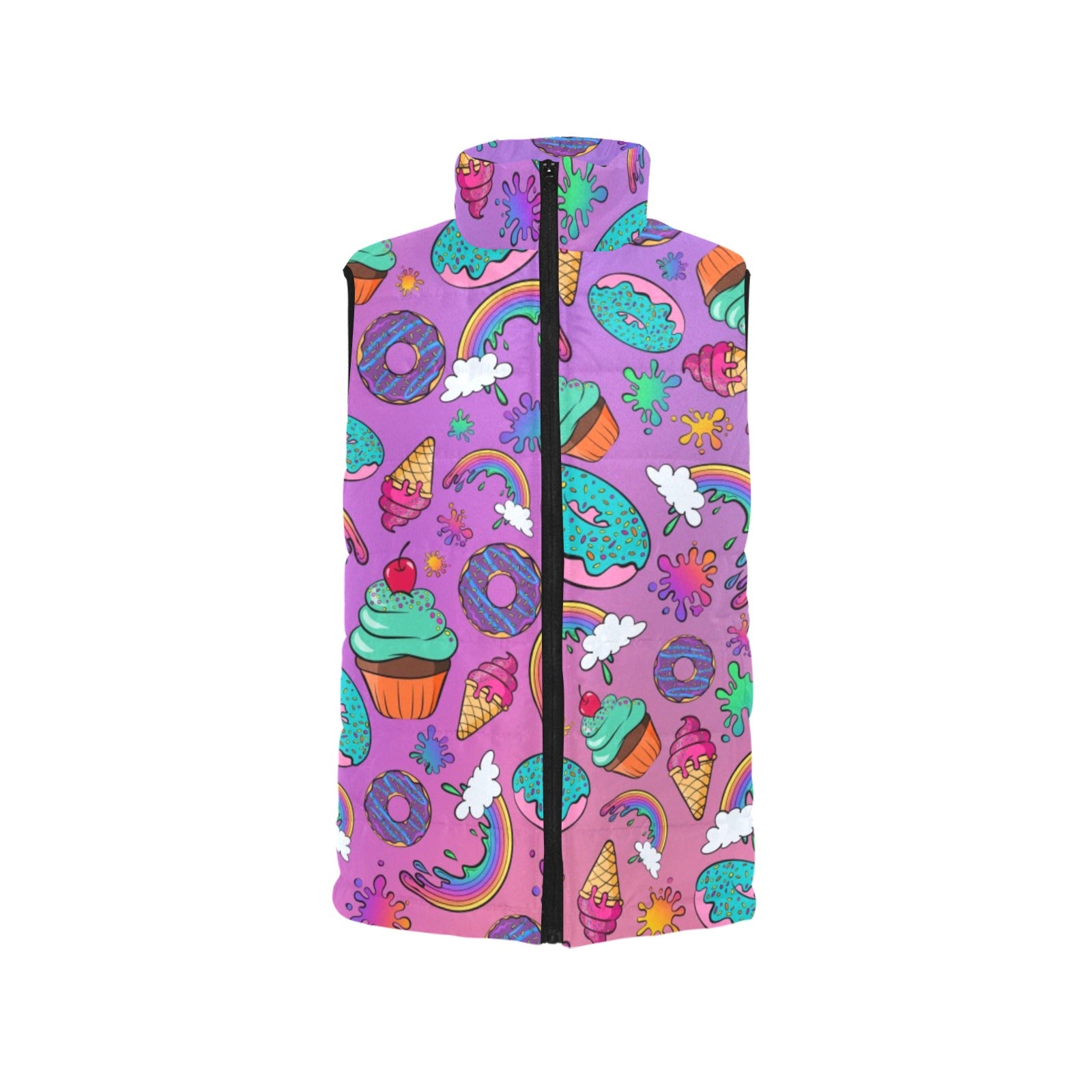 Rainbow padded vest with donuts, cup cakes and ice cream
