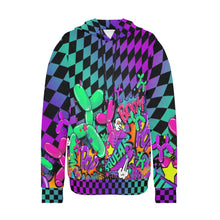 Load image into Gallery viewer,  Balloon twisting hoodie for ladies. Purple and teal balloon dogs