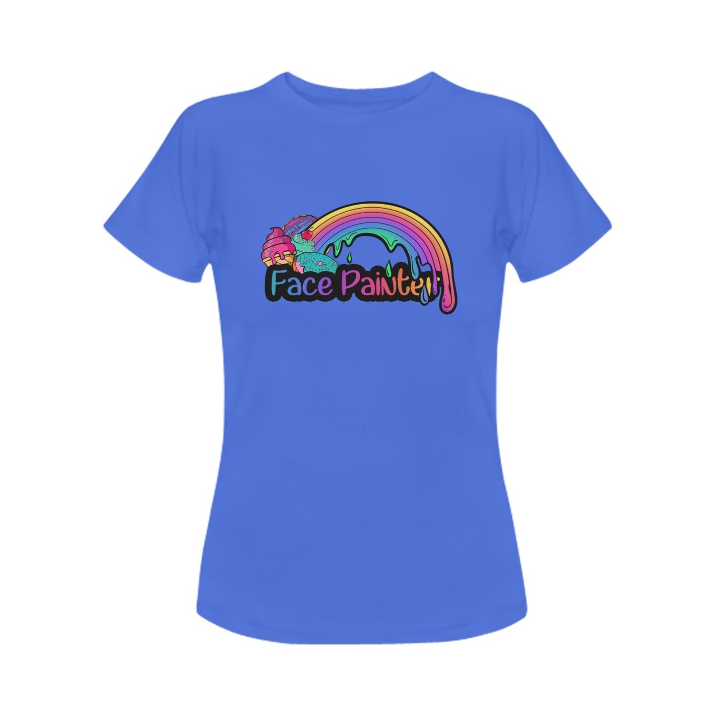 Blue Face Painter t-shirt with rainbow and desserts design