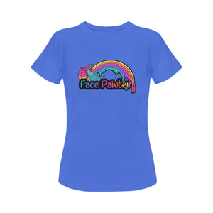 Blue Face Painter t-shirt with rainbow and desserts design