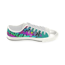 Load image into Gallery viewer, Leaky Squeaky BOOM! Teal on White - Women&#39;s Sully Canvas Shoe (SIZE 6-10)