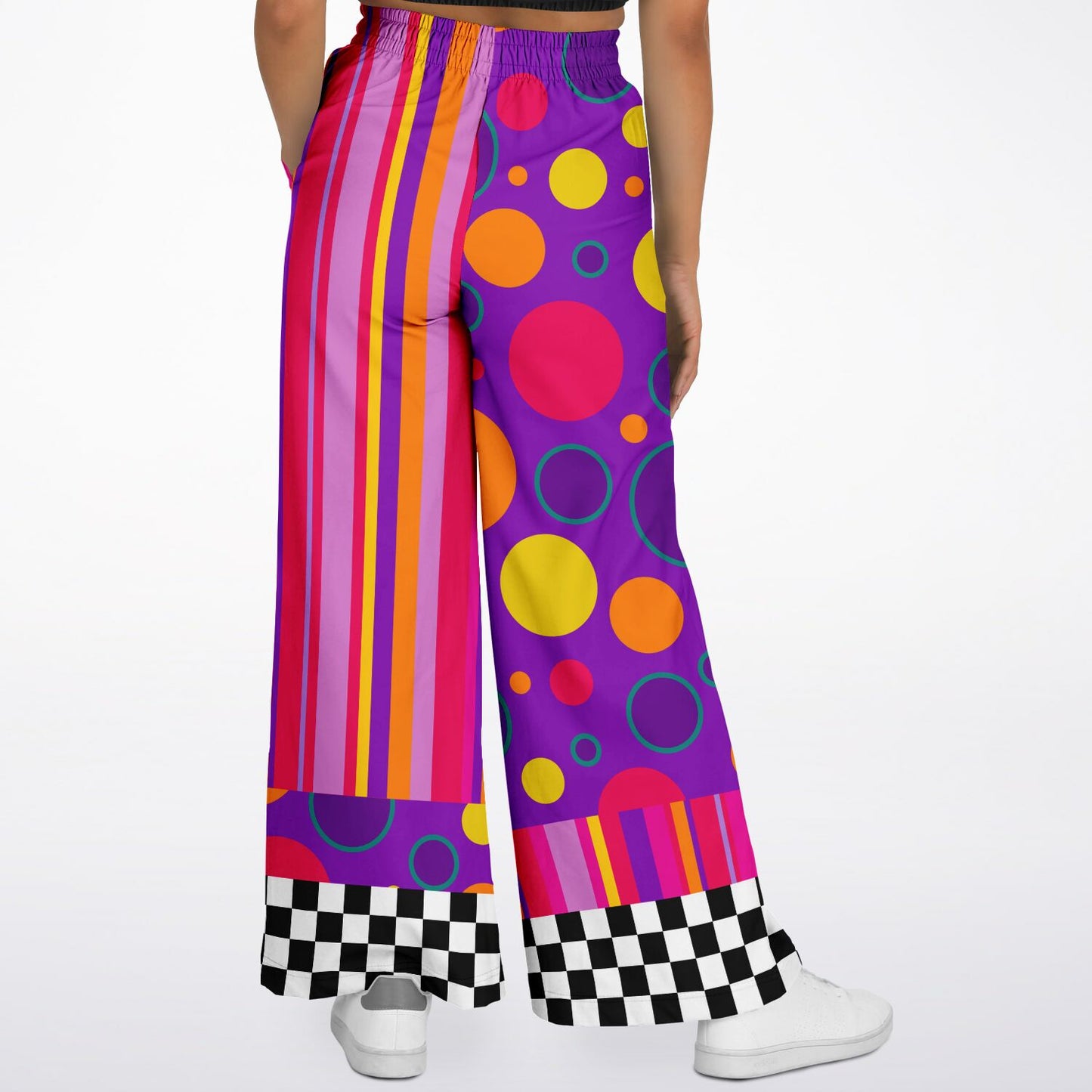 Flared pants with pink and purple spots and stripes 