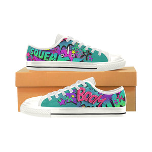 Leaky Squeaky BOOM! Teal on White - Women's Sully Canvas Shoe (SIZE 6-10)