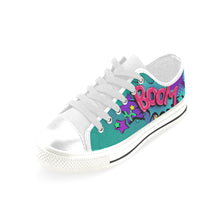 Load image into Gallery viewer, Leaky Squeaky BOOM! Teal on White - Men&#39;s Sully Canvas Shoe (SIZE 13-14)