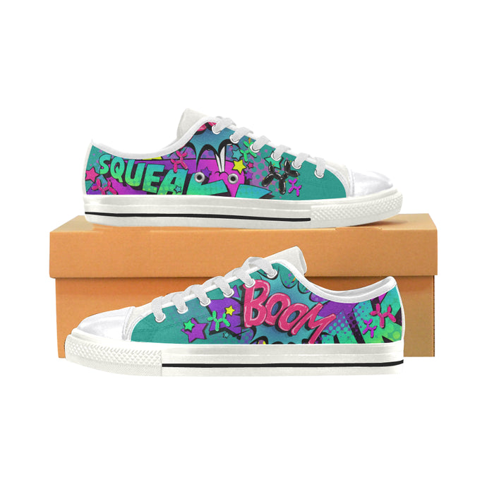 Leaky Squeaky BOOM! Teal on White - Women's Sully Canvas Shoe (SIZE 11-12)