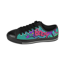 Load image into Gallery viewer, Leaky Squeaky BOOM! Teal on Black - Women&#39;s Sully Canvas Shoe (SIZE 11-12)