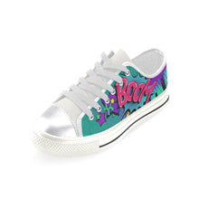 Load image into Gallery viewer, Leaky Squeaky BOOM! Teal on White - Women&#39;s Sully Canvas Shoe (SIZE 11-12)