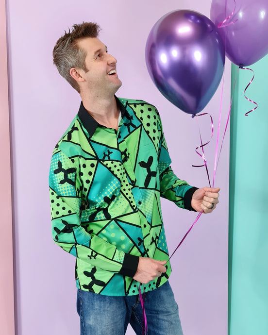 Balloon Twisting Long Sleeve Shirt Green with balloon dogs