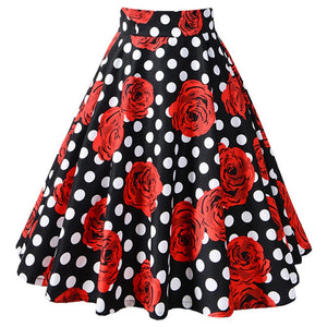 Roses on Black and White Polka Dots - Juliette Swing Skirt