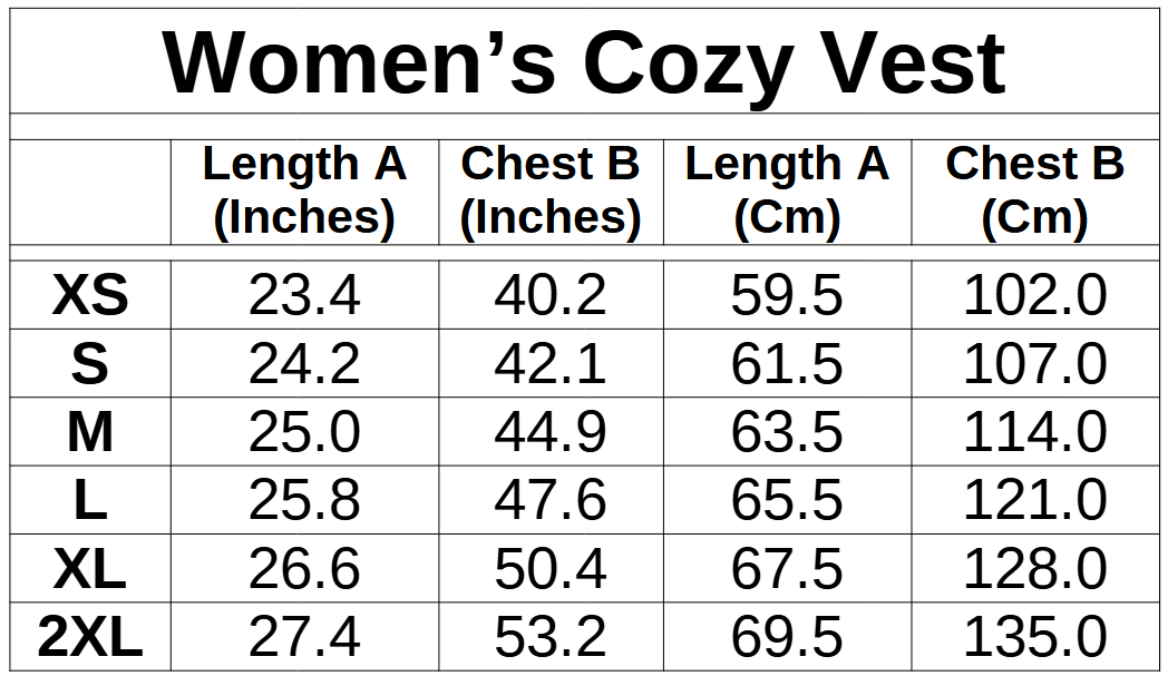Balloon Dog Apparel Vest sizing guide