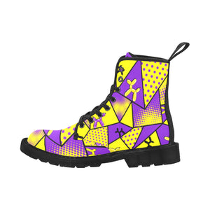 Bright yellow and purple canvas combat boots for balloon twisting entertainers