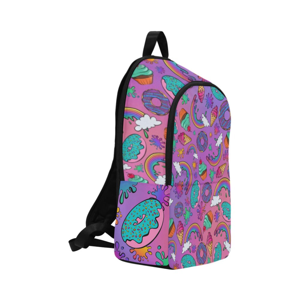 Rainbow backpack with donuts, ice cream and cup cakes