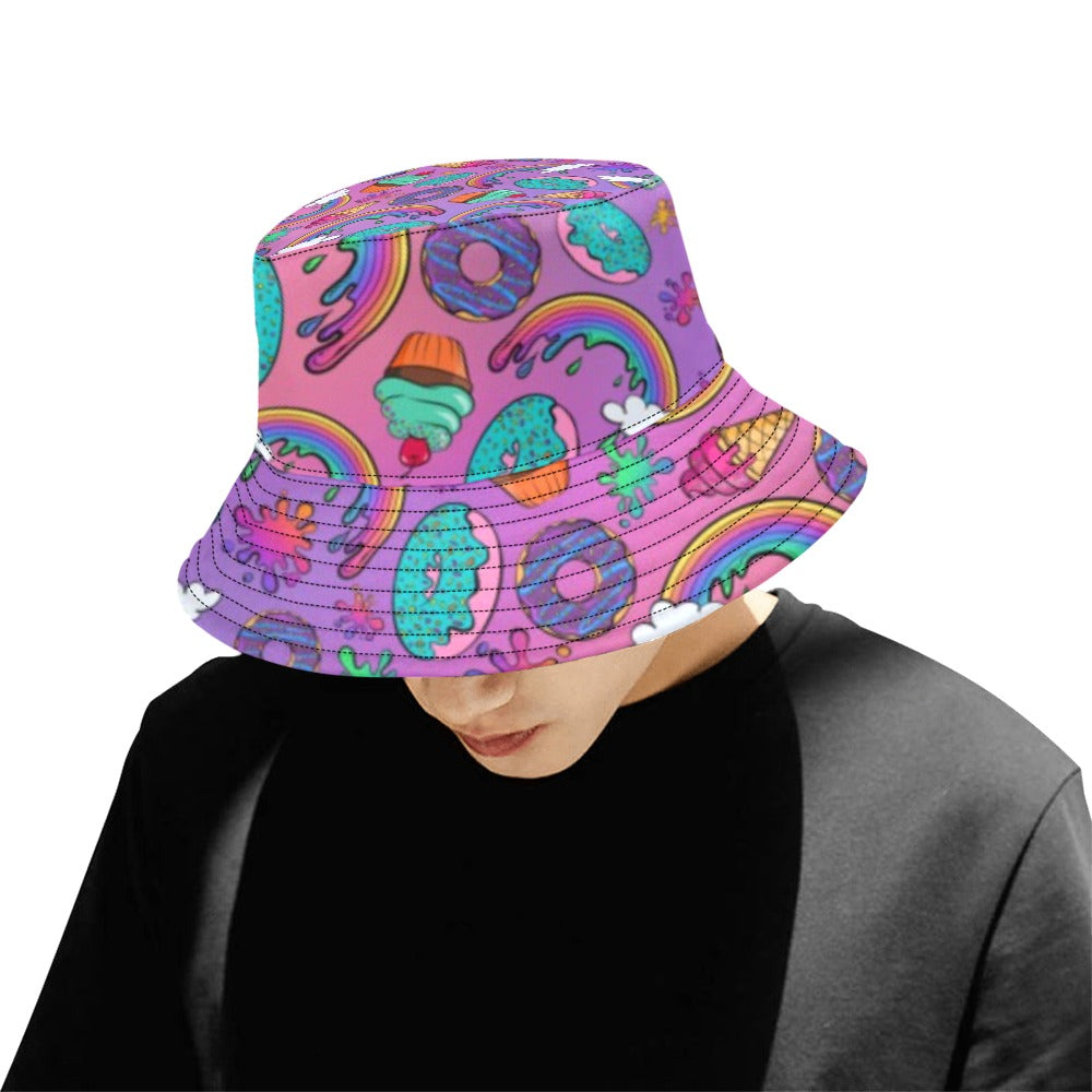 Bucket hat with fun rainbow and dessert inspired design