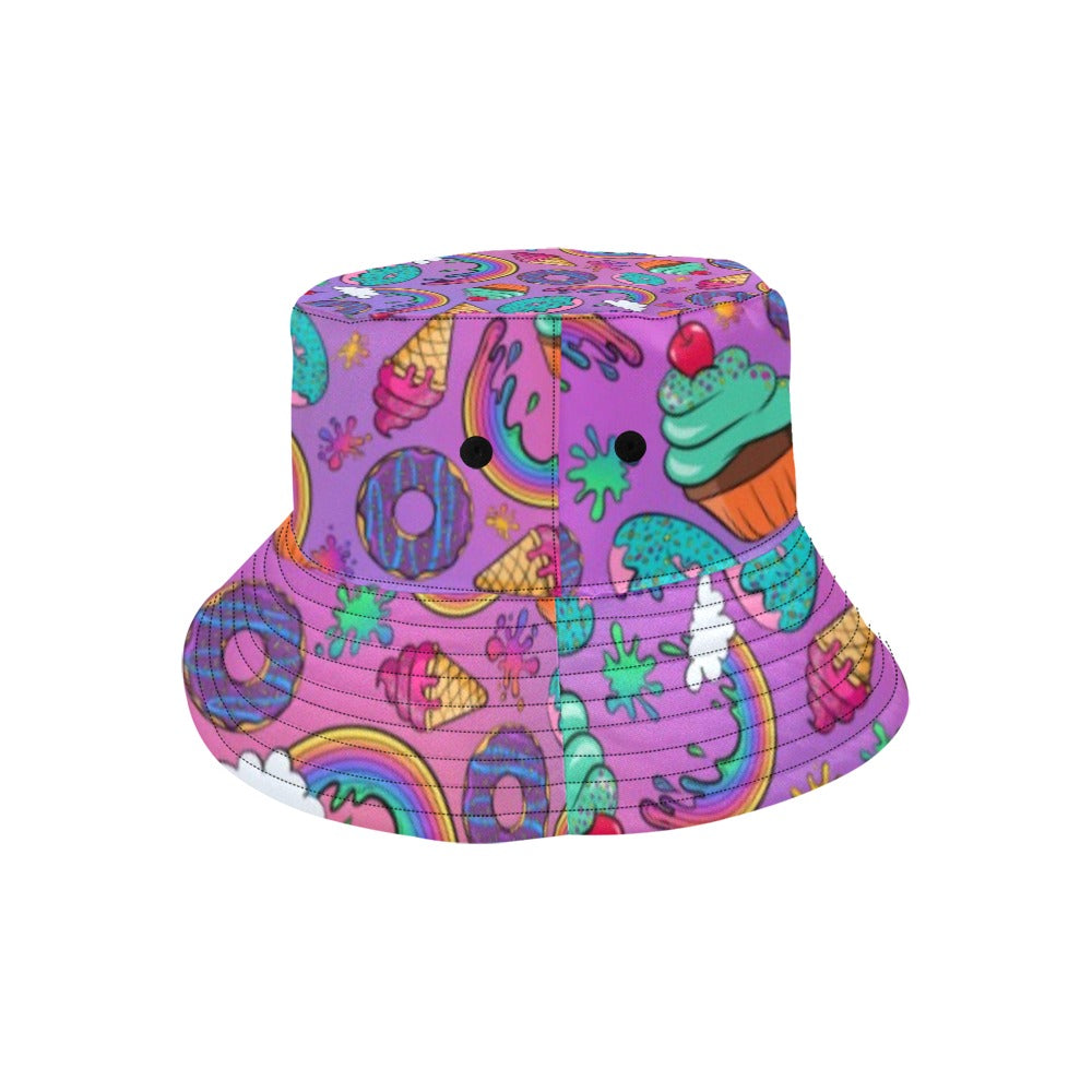 Bright and fun bucket hat with rainbows and donuts