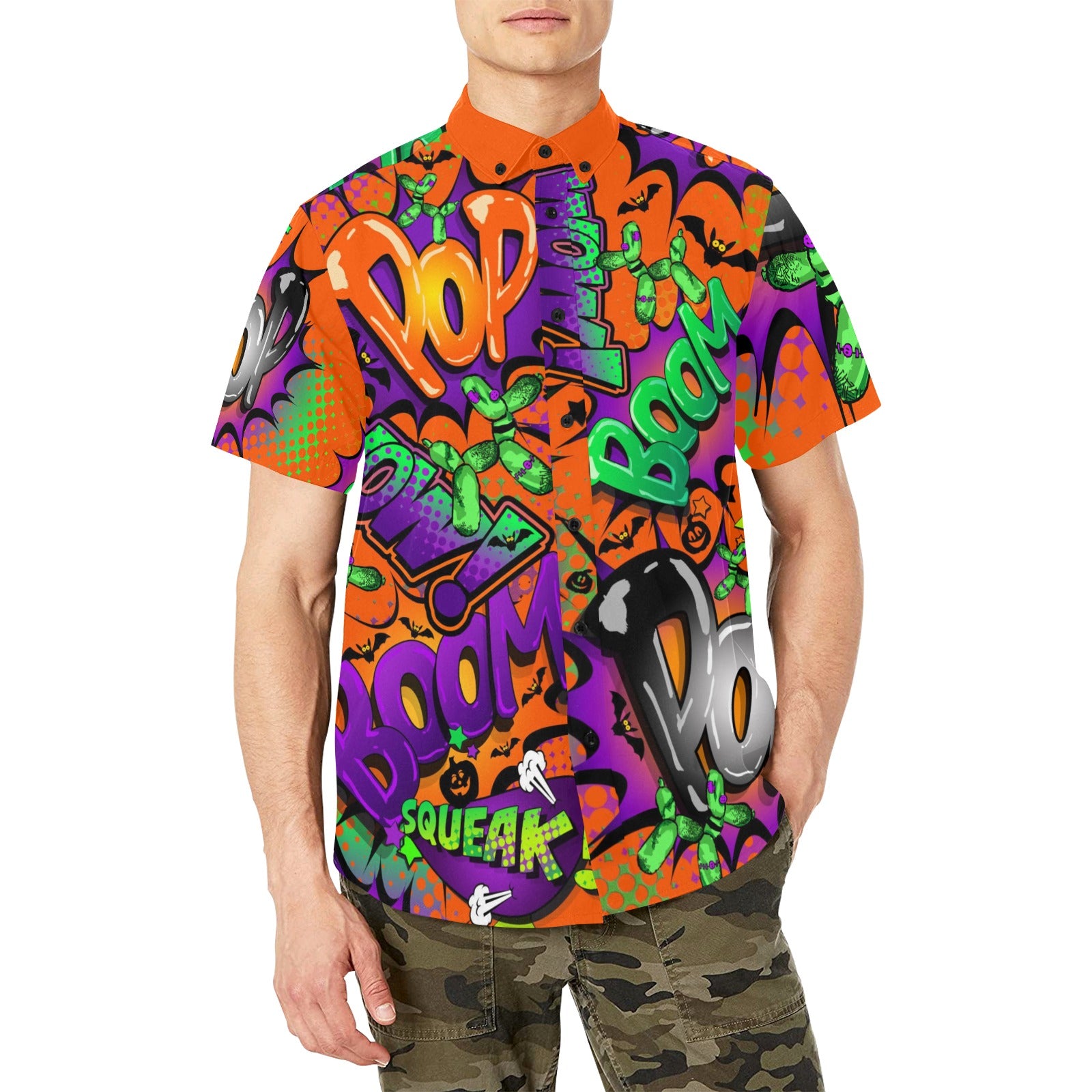Orange pop art Halloween shirt with pocket for balloon twisters and face painters