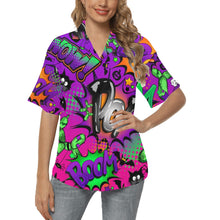 Load image into Gallery viewer, Purple Halloween Hawaiian shirt for balloon twisters, face painters and entertainers