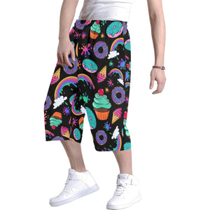 Jumbo long shorts with fun colourful rainbows, cup cakes, ice creams and donuts design on black background for face painters and balloon twisters
