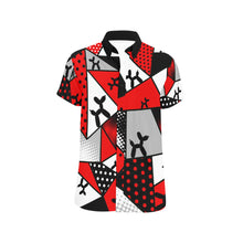 Load image into Gallery viewer, red, black and white button up shirt with balloon dogs