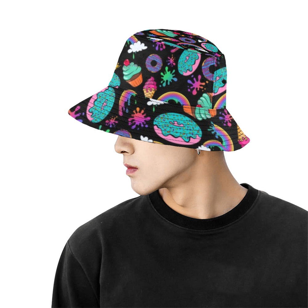 Cute Bucket Hat design with rainbows and cup cakes