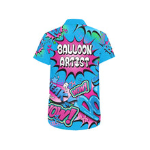 Load image into Gallery viewer, Balloon artist shirt for balloon twisters and party professionals in blue and pink pop art design