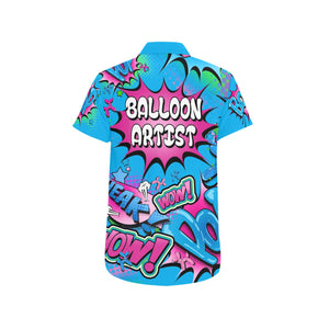 Balloon artist shirt for balloon twisters and party professionals in blue and pink pop art design