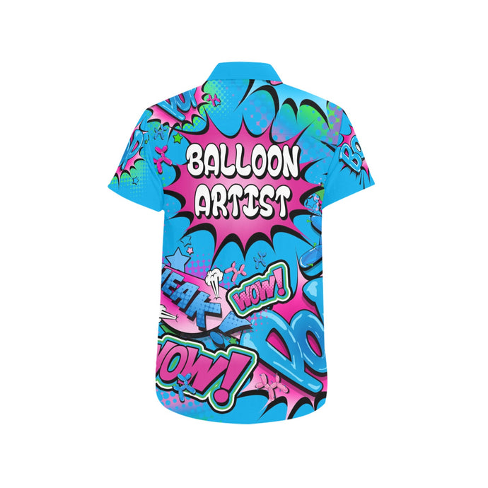 Balloon artist shirt for balloon twisters and party professionals in blue and pink pop art design